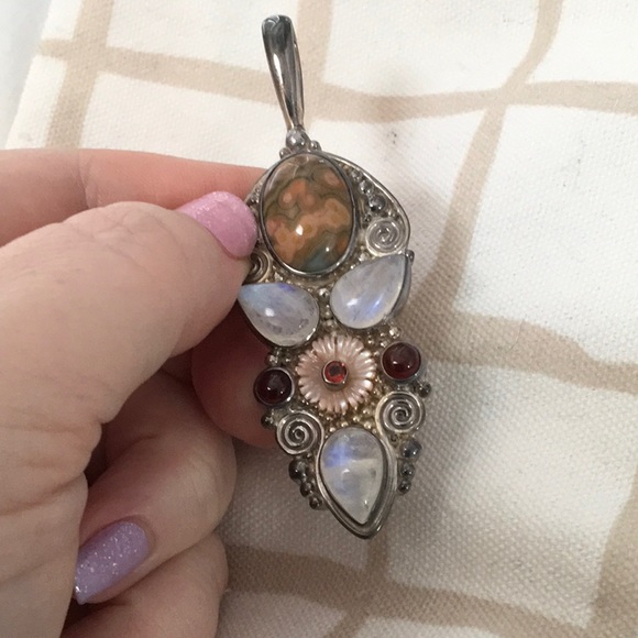 Large Sterling Pendant with Rainbow Moonstone, Jasper, Garnet, & Mother of Pearl - Picture 1 of 7